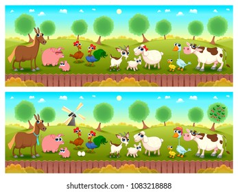 Spot the differences. Two images with seven changes between them, vector and cartoon illustrations.
