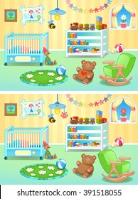 Spot the differences. Two images with seven changes between them, vector and cartoon illustrations.