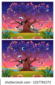 Spot the differences. Two images with six changes between them, vector and cartoon illustrations.
