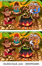 Spot the differences. Two images with six changes between them, vector and cartoon illustrations
