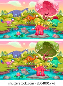 Spot the differences. Two images with six changes between them, vector and cartoon illustrations
