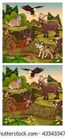 Spot the differences. Two images with six changes between them, Vector cartoon illustration.