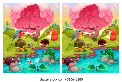 Spot the differences. Two images with six changes between them, vector and cartoon illustrations.
