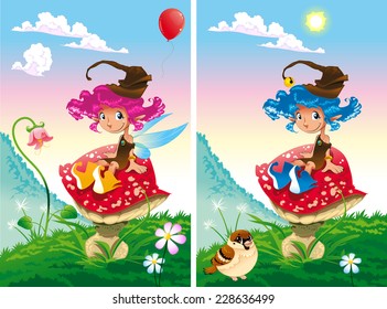 Spot the differences. Two images with ten changes between them, vector and cartoon illustrations