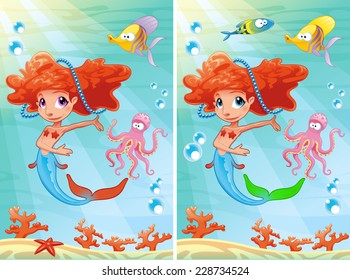 Spot the differences. Two images with ten changes between them, vector and cartoon illustrations