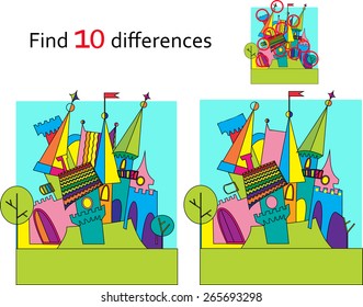 Spot the differences. Two images with ten changes between Fairy tale castle  vector and cartoon illustrations