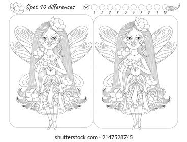 Spot Find the ten differences picture puzzle and coloring page with a beautiful fairy with lotuses and fish. Outline. Vector illustration. Isolated.