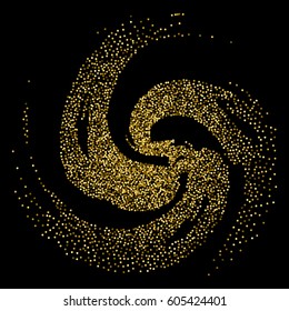 Spot in the form of a spiral with the effect of shine to create advertising posters, leaflets, booklets. Round design element of gold glitter.