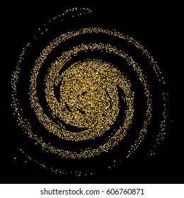Spot in the form of a spiral with the effect of shine to create advertising posters, leaflets, booklets. Round design element of gold glitter.