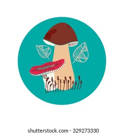 Spot graphics element with mushrooms, leaves and moss on mint background. Vector illustration. 