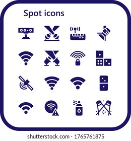 spot icon set. 16 filled spot icons.  Simple modern icons such as: Spotlight, Wifi, Wifi signal, Domino, Signal, Dominoes, Paint spray