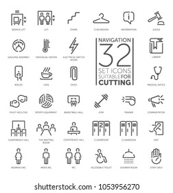 Spot icons. Navigation room sign. Modern vector plain simple thin line design icons and pictograms set. Toilet, lift, cloakroom, gym, shower room, trainer room, staff only, inventory