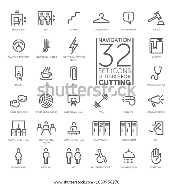 Spot
icons. Navigation room sign. Modern vector plain simple thin line
design icons and pictograms set. Toilet, lift, cloakroom, gym,
shower room, trainer room, staff only,
inventory