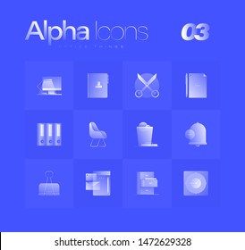 Spot illustrations of office things for branding, web design, presentation, logo, banners. Clean gradient icons set with thin lines and flat shapes. Pure transparency effect on blue color background.