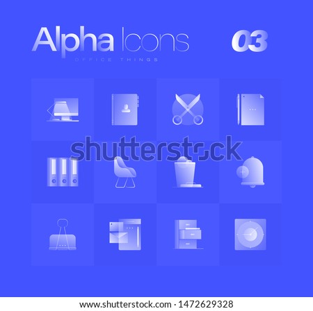 Spot illustrations of office things for branding, web design, presentation, logo, banners. Clean gradient icons set with thin lines and flat shapes. Pure transparency effect on blue color background.