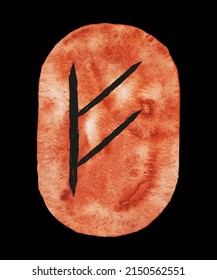 A spot with an imitation of a watercolor effect and a hand drawing of the Fehu rune, isolated on a black background. A symbol of wealth, the element of Fire and Earth. Vector illustration.
