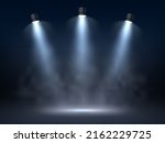 Spot light interior. Realistic directed light streams, illuminated fog, theatre scene or concert club searchlights beams, cold temperature rays, presentation studio, vector background