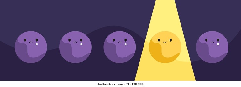 Spot Light On Happy Face Among Sad Faces In The Dark. Concept Of Happiness, Mental Health, Mental Well-being, Feeling. Emotion Symbol. Flat Vector Illustration.