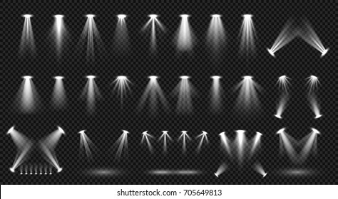 Spot lighting isolated on transparent background vector collection. Bright scene illumination. Spotlight bright for scene party, shine and glow beam illustration