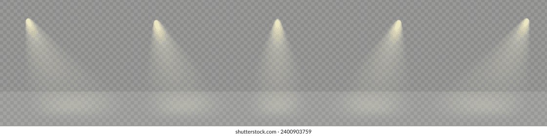 Luces focales brillan para iluminar el podio. El relámpago eléctrico de fondo del escenario. Efecto de rayos blancos o rayos solares sobre el vector transparente de png. Proyectores de club de música.