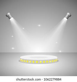 Spot lights vector. Pedestal illuminated by spotlights on a light background. Realistic scene illumination transparent effects. Two spotlights illuminate the round podium for the presentation