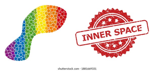 Spot mosaic icon of round items in various sizes and LGBT color tinges, and Inner Space grunge rosette seal imitation. A dotted LGBT-colored Spot for lesbians, gays, transgenders, and bisexuals.