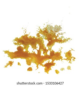Spot of orange paint on a white background. Orange paint on raw watercolor paper painted with a brush and airbrush.