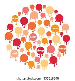 Spot paint drop. round composition of the many spots. The color palette is warm, pink and yellow. Background white.
