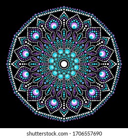 Spot painting point to point. Abstract design of mandala in dot paint style. Aboriginal-style dot painting