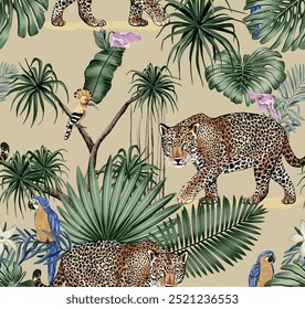 Spot panthers in the jungle with blue parrots. Seamless pattern with hand drawn digital illustrations with tropical theme.