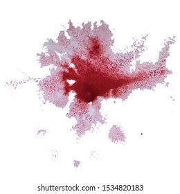 Spot of red paint on a white background. Red paint on raw watercolor paper painted with a brush and airbrush.