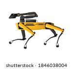 SPOT Robot Dog vector flat graphic illustration. Industrial sensing and remote operation needs. Spot Mini Robot guard with a robo arm manipulator. Innovation in technology.
