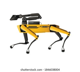 SPOT Robot Dog vector flat graphic illustration. Industrial sensing and remote operation needs. Spot Mini Robot guard with a robo arm manipulator. Innovation in technology.