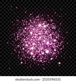 Mancha de glitter rosa, faíscas, confete. Partículas de dispersão isoladas com efeito de luz. Elemento rosa abstrato com clarões, clarões e estrelas. Grão luminoso transparente para projetos luxuosos. Vetor