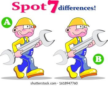 Spot Seven Differences Between These Two Images Of A Maintenance Worker Carrying A Large Spanner. Game For Children Of Mental Attention And Learning. Vector Illustration In Cartoon Style, EPS 10.