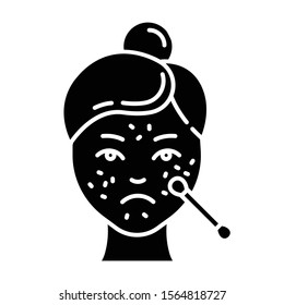 Spot treatmeant glyph icon. Skin care procedure. Facial beauty. Cleansing and healing for problematic skin. Dermatology, cosmetics. Silhouette symbol. Negative space. Vector isolated illustration