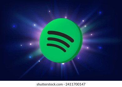 Spotify app 3d icon on space background with rays. Application announement concept. Vector editorial illustration. TURKEY, FETHIYE, January 11, 2024 