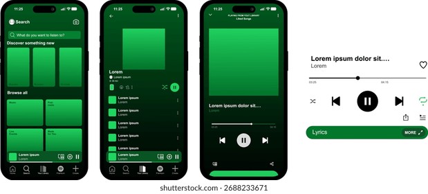 Spotify app UIUX design, detailed mobile user interface with a focus on clean,