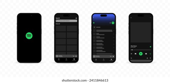 Spotify interface icons. Editorial interface mockup of Spotify. iPhone screen mockups. Interface mockup template. Smartphone screen. Spotify pages mockup. Phone screen. Vector illustration