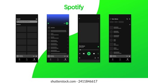 Spotify interface layouts icons. Editorial interface mockup of Spotify. Interface mockup template. Spotify pages mockup icons. Vector illustration