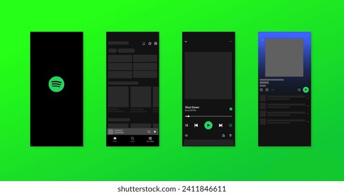 Spotify interface pages icons. Editorial mockup of Spotify interface. Movie platform. Movie service pages mockup template. Spotify interface mockup. Green background. Vector icons