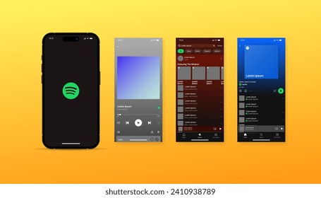Spotify interface template. Editorial interface mockup of Spotify. iPhone screen mockup. Interface mockup template. Smartphone screen. Spotify pages mockup. Phone screen. Vector illustration
