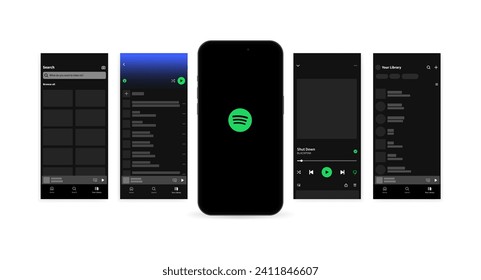 Spotify interface template. Interface mockup template. Smartphone screen. Spotify pages mockup. Editorial interface mockup of Spotify. iPhone screen mockup. Phone screen. Vector illustration