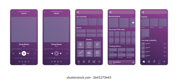 Spotify music player application user interface mockup template with button icons. Modern mobile phone streaming app UI layout vector illustration