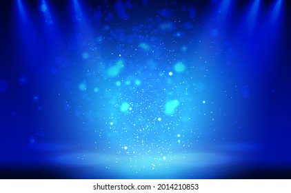 Spotlighs and sparkles on blue background.