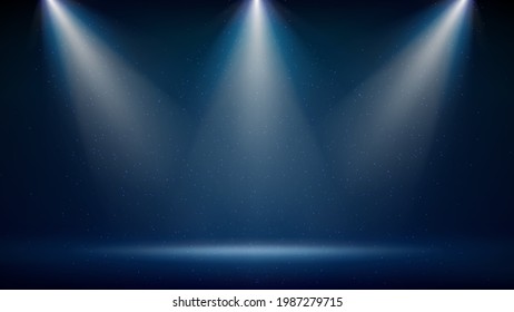 Spotlight backdrop. Illuminated blue stage. Background for displaying products. Bright beams of spotlights, shimmering glittering particles, a spot of light. Vector illustration