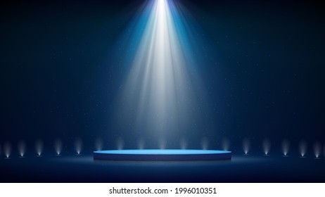 Spotlight backdrop. Illuminated blue stage podium. Background for displaying products. Bright beams of spotlights, shimmering glittering particles, a spot of light. Vector illustration