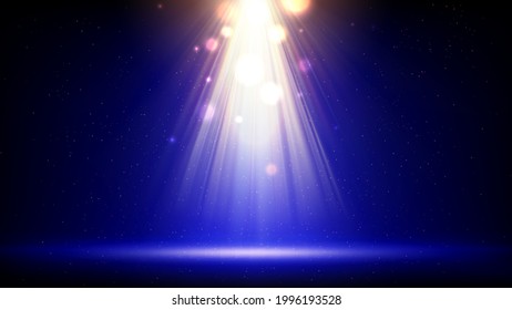 Spotlight backdrop. Illuminated blue stage. Background for displaying products. Bright beams of spotlights, shimmering glittering particles, a spot of light. Vector illustration