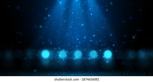 Spotlight background. Abstract festive backdrop with blue light effect. Blurred lights, glowing bokeh circles on dark.