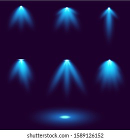 spotlight background. Blue Spot lighting illumination on dark background. Bright lighting Vector Illustration